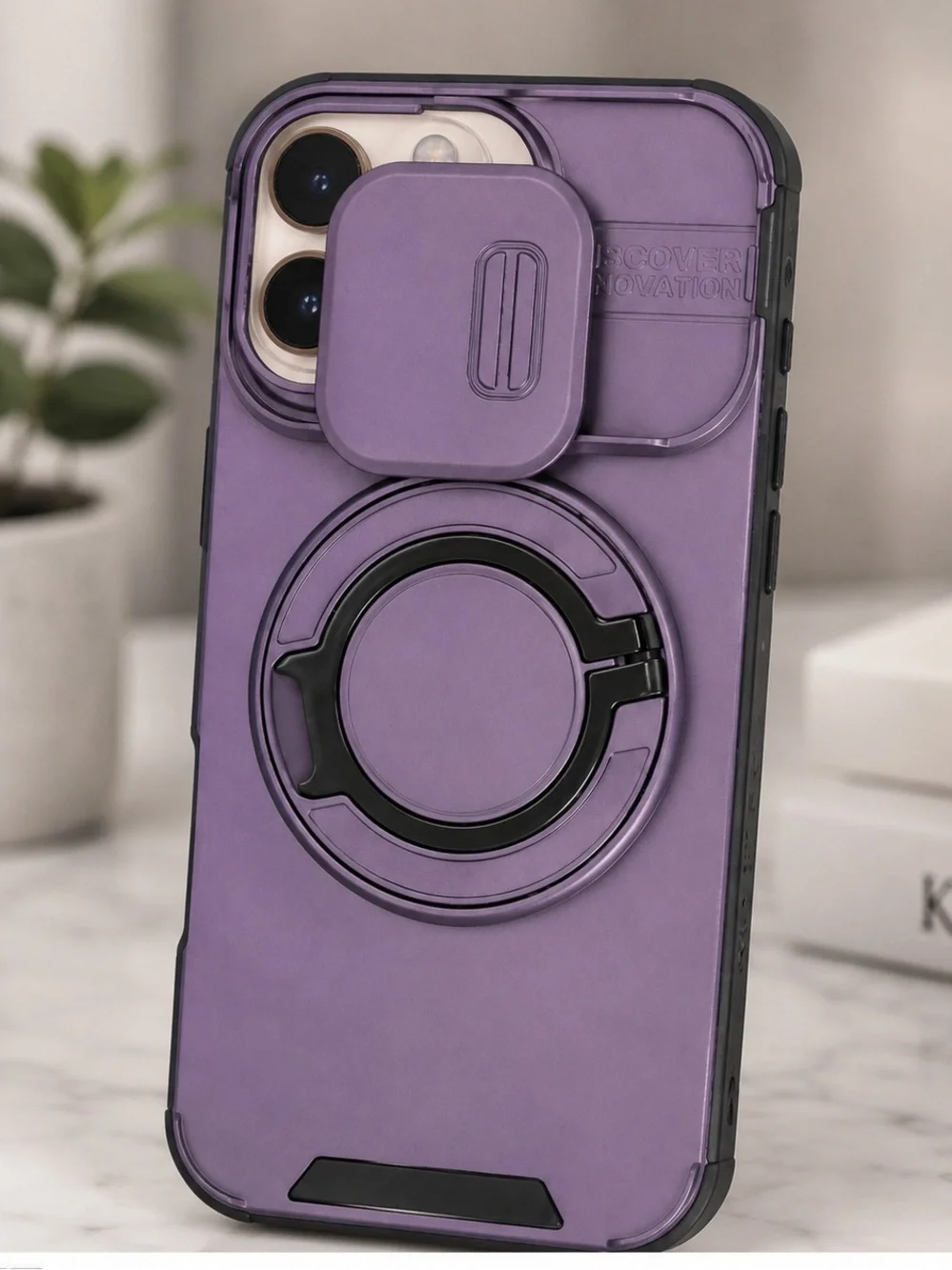 iPhone 16 Pro Purple Protective Case Sliding Camera Cover Ring Stand